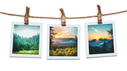 Fototapeta premium Three Polaroid-style landscape images hanging on a string, depicting lush green forests, a dramatic sunset over mountain peaks, and a breathtaking sunrise scene, isolated on a.