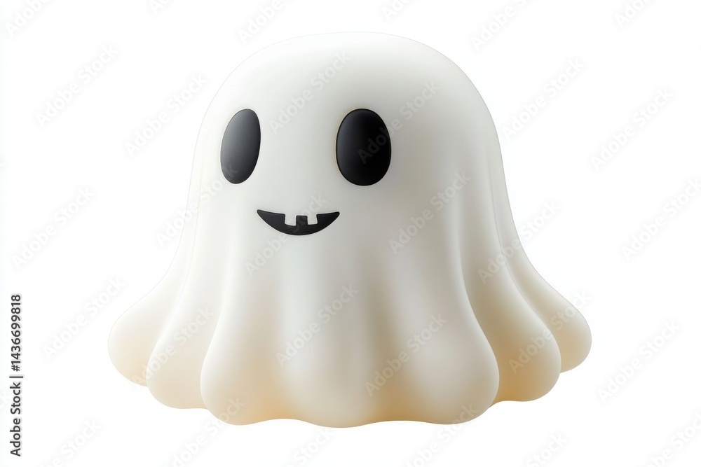Poster friendly cartoon ghost floating in a cheerful manner against a bright white background during a play