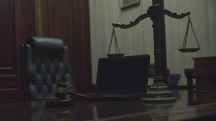 Justice Concept in Online Law Environment with Scales and Gavel