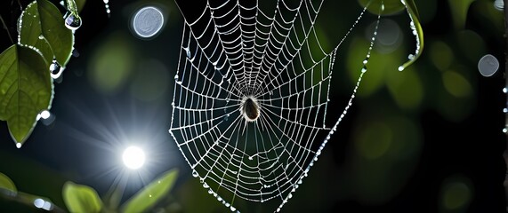 Macro photo of a dew laden spider web stretched between branches sparkling with countless droplets like gems