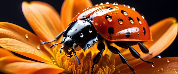 Macro imagery capturing bright orange ladybird on velvety flower petals covered with sparkling droplets
