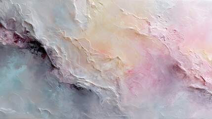 A delicate abstract painting with pastel hues of soft peach, light mint, and pale lavender, creating a smooth and peaceful visual texture.
