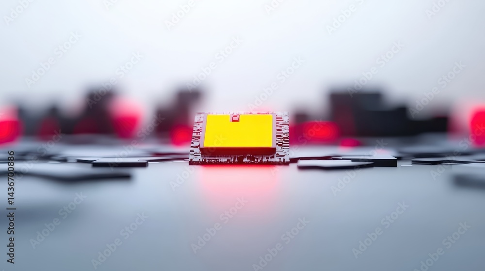 Poster futuristic microchip on abstract technological surface with red and yellow accents