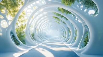 Fototapeta premium Futuristic Biophilic Tunnel: Organic Architecture and Greenery