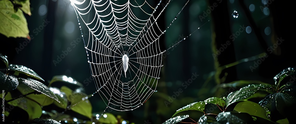 Wall mural macro image of intricate spider web droplets sparkling like diamonds against dark leafy forest backg