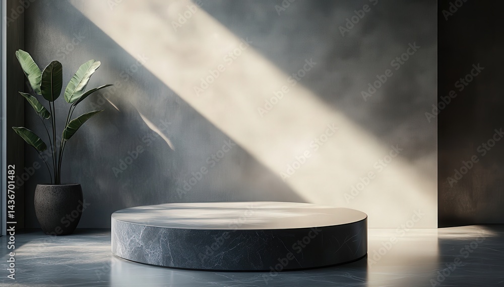 Poster stylish minimalistic interior featuring a circular stone platform illuminated by sunlight during the