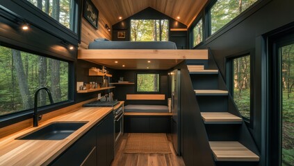Fototapeta premium Luxury Tiny House in the Woods: Modern Minimalist Design