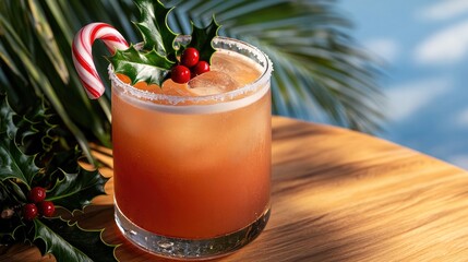 Festive cocktail garnished with candy cane and holly leaves, tro