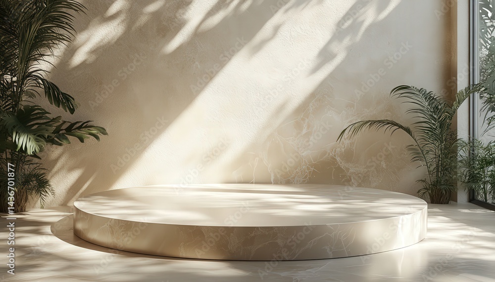 Poster stylish minimalistic interior featuring a circular stone platform illuminated by sunlight during the