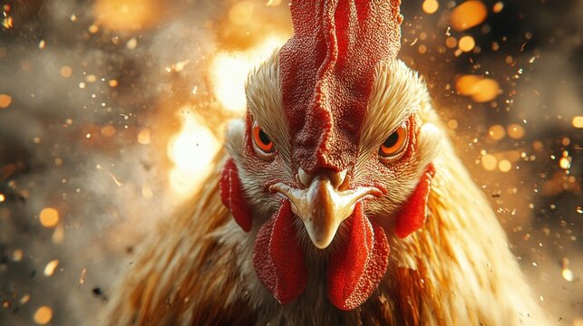 Angry rooster in fiery explosion