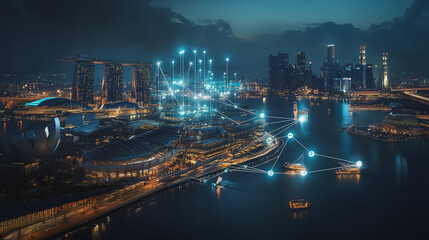 Fototapeta premium Night lights, a city of modern business and smart digital innovation with a network of interconnected rewards over the cityscape of the future smart wireless digital city and social media network that