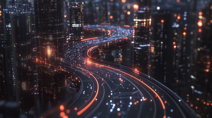 Fototapeta premium Night lights, a city of modern business and smart digital innovation with a network of interconnected rewards over the cityscape of the future smart wireless digital city and social media network that