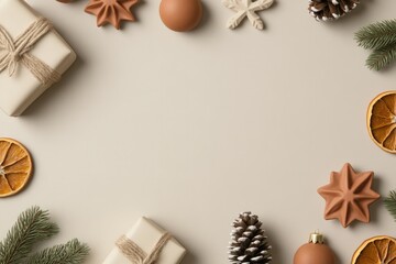 Festive arrangement features gifts, dried fruits, and pine branc