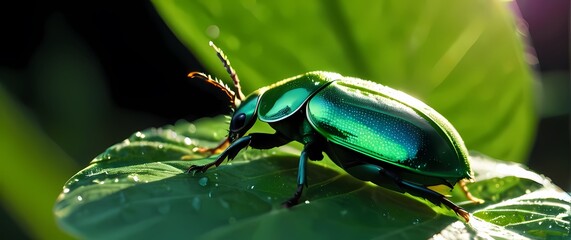 Macro detailed shot of iridescent green beetle on freshly wet leaf shimmering in filtered sunlight