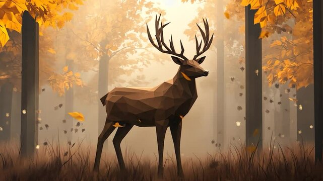 Low-poly stag in autumnal forest