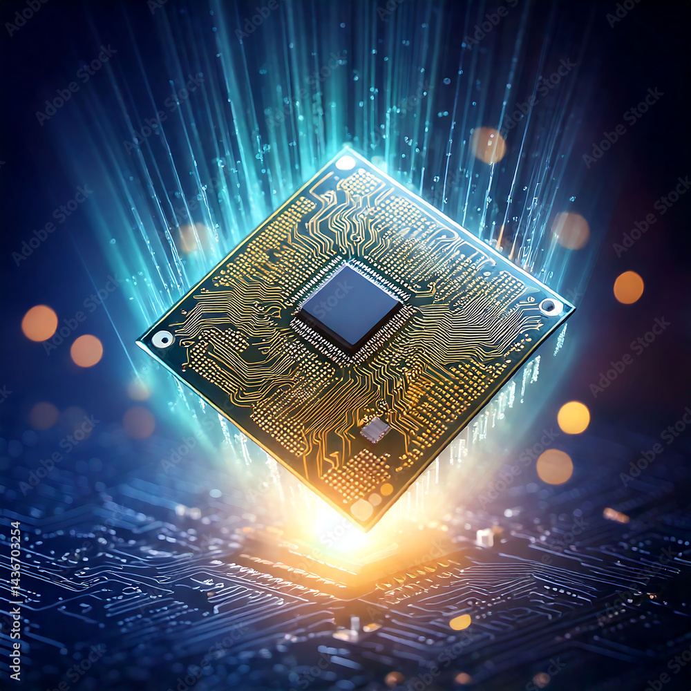 Aufkleber futuristic cpu with light trails evokes innovation. perfect for illustrating ai, tech advancement, d