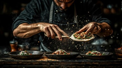 A chef is actively preparing a dish, tacos, sprinkling ingredients onto a tortilla laid out on a wooden cutting board. The scene is dynamic, with the chefs hands in motion.