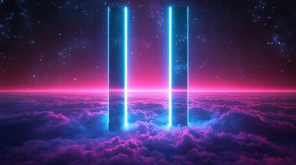 The description 'Neon sign weightless soft ivory electric purple floating among clouds deep blue twilight sky glowing softly mist' is paired with the terms 'Twilight Inscription' and 'Illustration