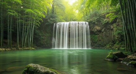 Idyllic Waterfall Flowing into Green Pond Surrounded by Lush Bamboo Forest