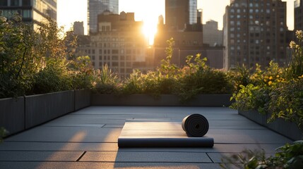 Sunrise Yoga on Urban Rooftop: Tranquil Cityscape View