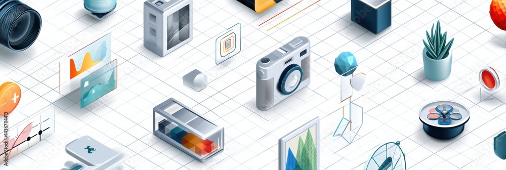 Leinwandbilder isometric icons and digital symbols arranged on a clean grid, showcasing various concepts essential 
