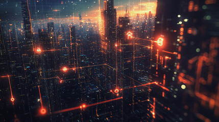 Naklejka premium Night lights, a city of modern business and smart digital innovation with a network of interconnected rewards over the cityscape of the future smart wireless digital city and social media network that