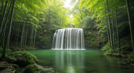 Waterfall Flowing into Emerald Pool Surrounded by Bamboo Forest Scene