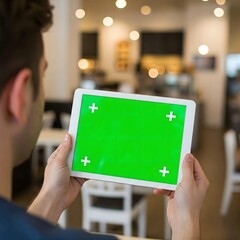 Naklejka premium A man enjoys working from a coffee shop, using their green screen tablet. This image is perfect for showcasing work presentations, online courses, or digital portfolios in a cafe setting