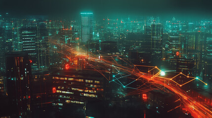 Obraz premium Night lights, a city of modern business and smart digital innovation with a network of interconnected rewards over the cityscape of the future smart wireless digital city and social media network that