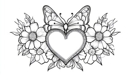 Floral heart butterfly tattoo design, white background, art