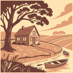 Tranquil Countryside Cottage by a Winding River at Sunset with Boat and Tree.