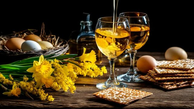Pouring sweet kosher wine into a wine glass with eggs, daffodil flowers, and matzah on a rustic wooden table for Passover holiday