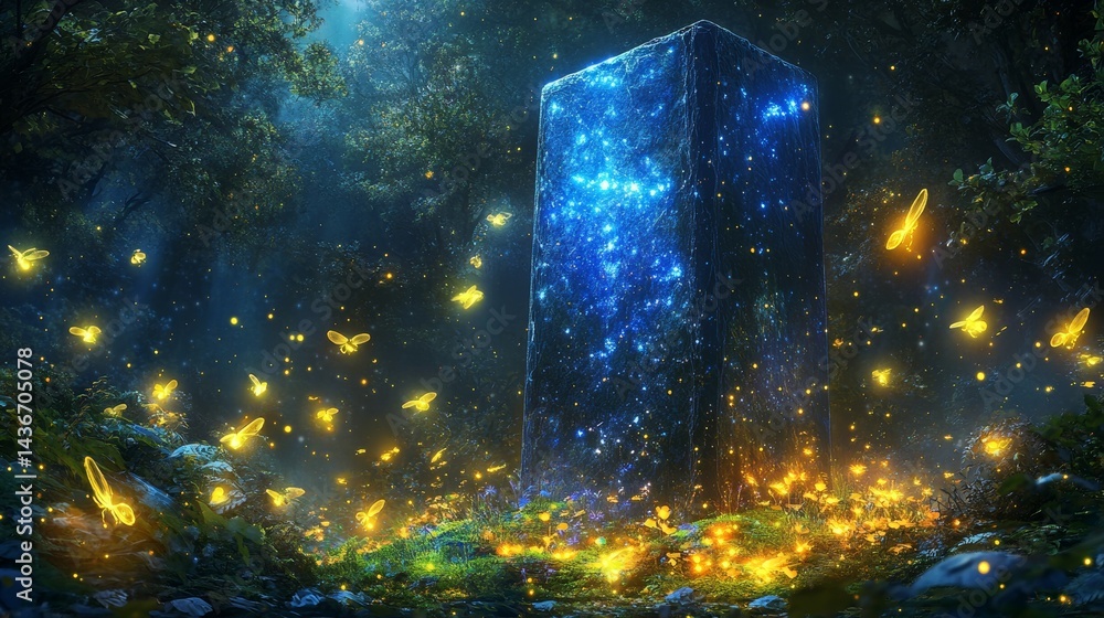 Poster the enchanted monolith illustration features a mysterious glowing monolith situated in an enchanted 