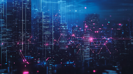 Night lights, a city of modern business and smart digital innovation with a network of interconnected rewards over the cityscape of the future smart wireless digital city and social media network that