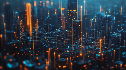 Fototapeta premium Night lights, a city of modern business and smart digital innovation with a network of interconnected rewards over the cityscape of the future smart wireless digital city and social media network that