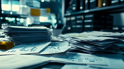 Fototapeta premium Uncompleted paperwork piles on an office desk near archived market analysis documents. Profit projections are under consideration. 