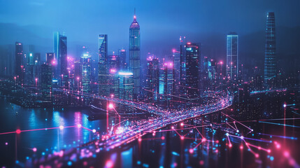 Fototapeta premium Night lights, a city of modern business and smart digital innovation with a network of interconnected rewards over the cityscape of the future smart wireless digital city and social media network that