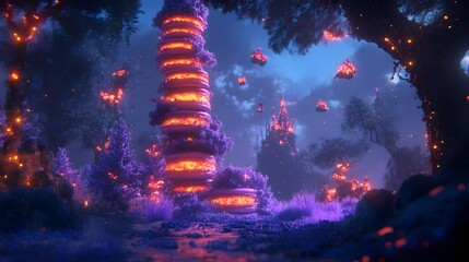 Layered Structure with Pink Glow in Mystical Forest Setting