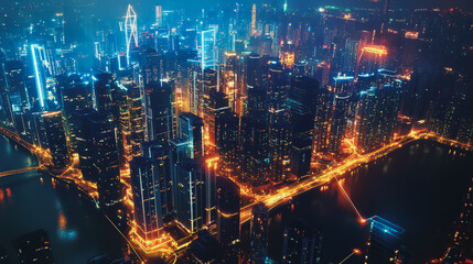 Night lights, a city of modern business and smart digital innovation with a network of interconnected rewards over the cityscape of the future smart wireless digital city and social media network that