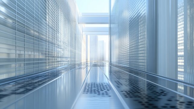 Modern Glass Building Corridor, Futuristic Architecture, Cityscape View