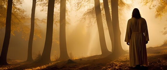 Jesus silhouette standing peacefully loose robes flowing amid warm golden trees and soft morning mist