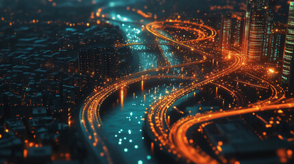 Night lights, a city of modern business and smart digital innovation with a network of interconnected rewards over the cityscape of the future smart wireless digital city and social media network that