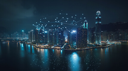 Naklejka premium Night lights, a city of modern business and smart digital innovation with a network of interconnected rewards over the cityscape of the future smart wireless digital city and social media network that