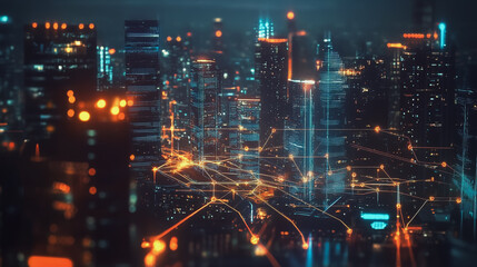 Night lights, a city of modern business and smart digital innovation with a network of interconnected rewards over the cityscape of the future smart wireless digital city and social media network that