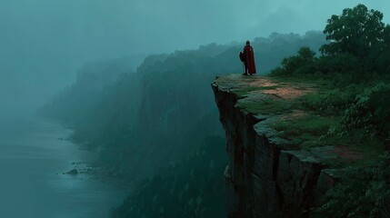 Medieval knight standing on a cliff overlooking a mysterious foggy landscape with water and distant hills