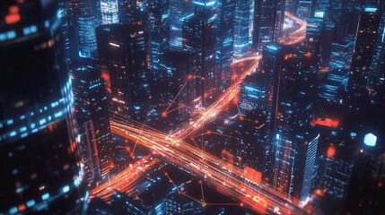 Night lights, a city of modern business and smart digital innovation with a network of interconnected rewards over the cityscape of the future smart wireless digital city and social media network that