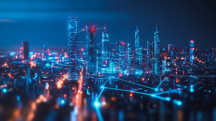 Fototapeta premium Night lights, a city of modern business and smart digital innovation with a network of interconnected rewards over the cityscape of the future smart wireless digital city and social media network that