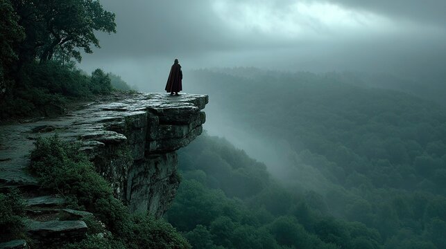 Solitary figure standing on a cliff edge overlooking a foggy green forested valley in moody atmospheric landscape