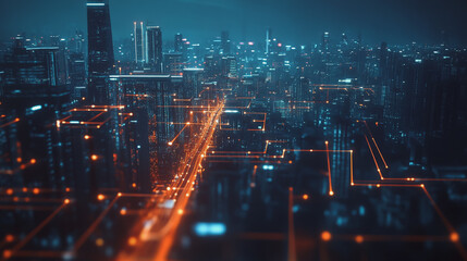 Obraz premium Night lights, a city of modern business and smart digital innovation with a network of interconnected rewards over the cityscape of the future smart wireless digital city and social media network that