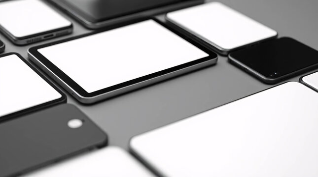 Sleek arrangement of modern smartphones and tablets in a minimalist, monochrome tech display.